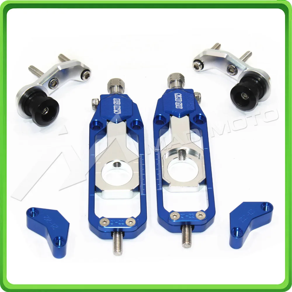 Motorcycle Chain Tensioner Adjuster with paddock bobbins for Kawasaki ninja ZX10R ZX-10R 2011 2012 2013 2014 2015 Blue&Silver (12)