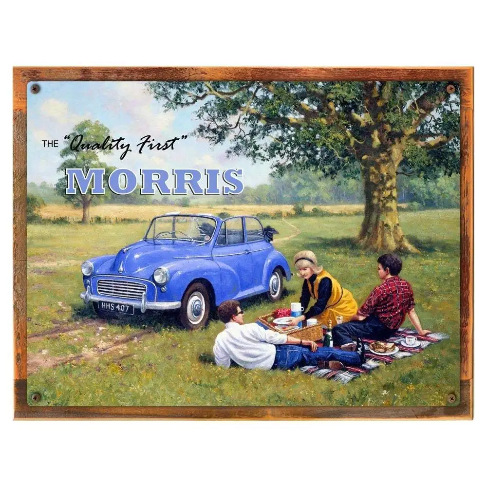 wood-framed quality first morris minor metal sign: automobiles