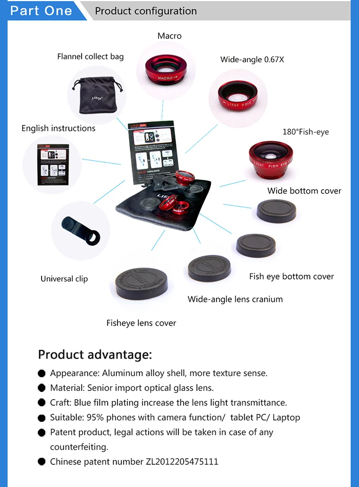 Waterproof External Camera Lenses 3 In 1 Lens Set For Smartphones