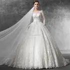 2019 New fashion muslim dress long sleeve ball gown tafetta crystal lace embroidered wedding dresses