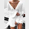 New Fashion Women Casual Short Mini Dress Sexy V-Neck Lantern Long Sleeve Ruffle Trim Boho White Dress Vestido Y10822