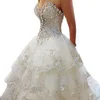 LL004 Free Custom Luxury Ivory Rhinestone Beaded Appliques Sweetheart Ball Gown Tiered Chapel Train Crystal Wedding Dress