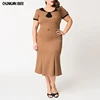 Elegant Women Plus Size 1930s Brown & Black Polka Dot Bodycon Evening Dress