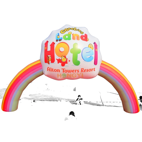 Colorful inflatable rainbow arch and white inflatable cloud model advertising rainbow door for outdoor