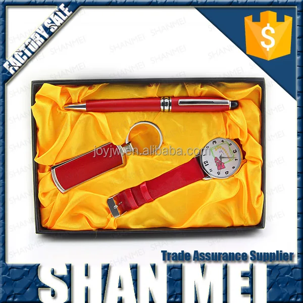 red leather watch keychain pen gift set for ladies