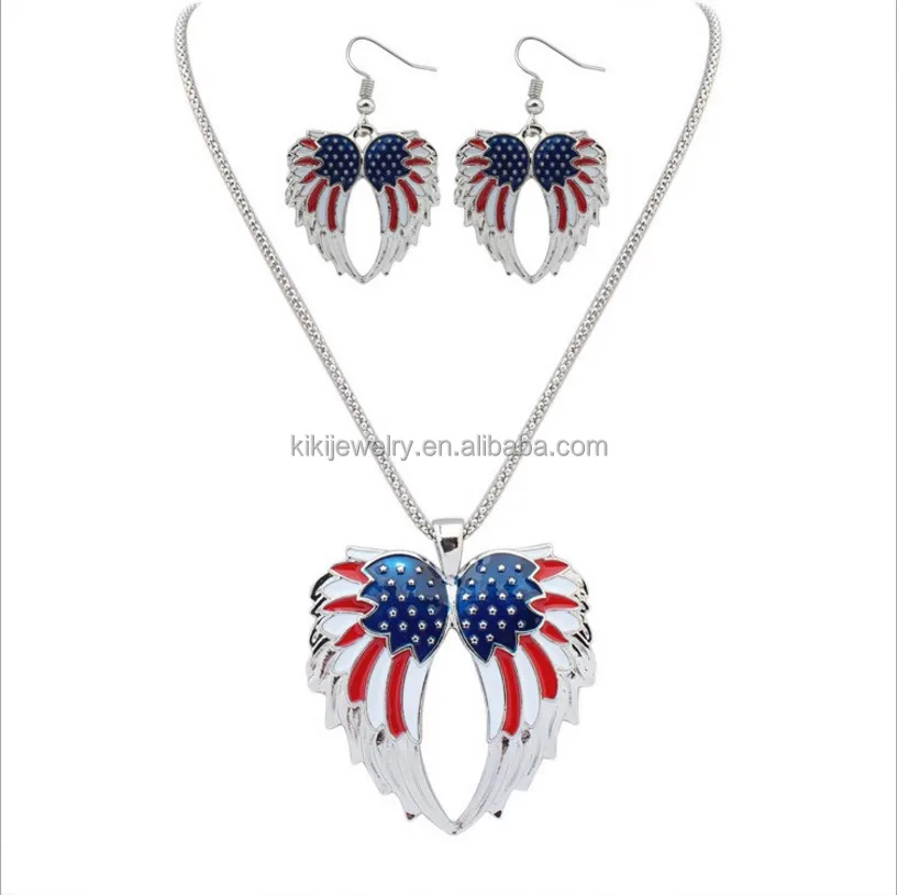 high quality enamel america flag fashion jewelry set angel wing