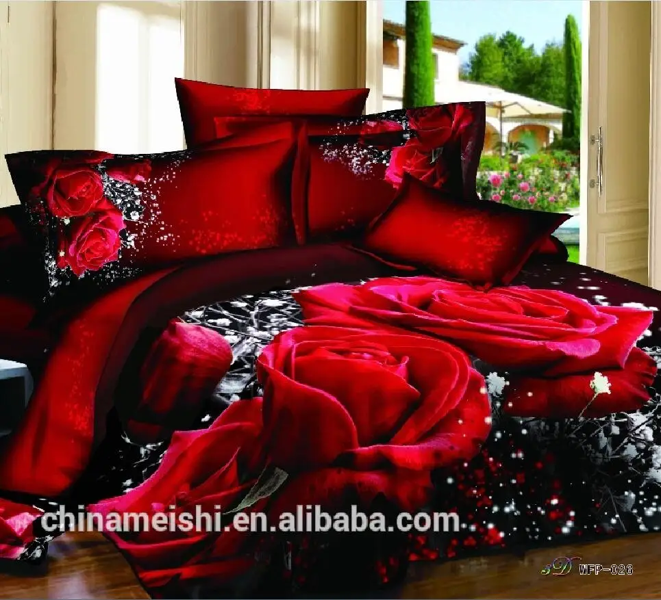 Hotsale 100% Cotton Big Redrose Printed 3D Bedsheet Set for Home Use