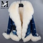 2017 High Quality Faux Fur Lining Women's Denim Coat Real Fox Fur Collar Fur Parka Jacket