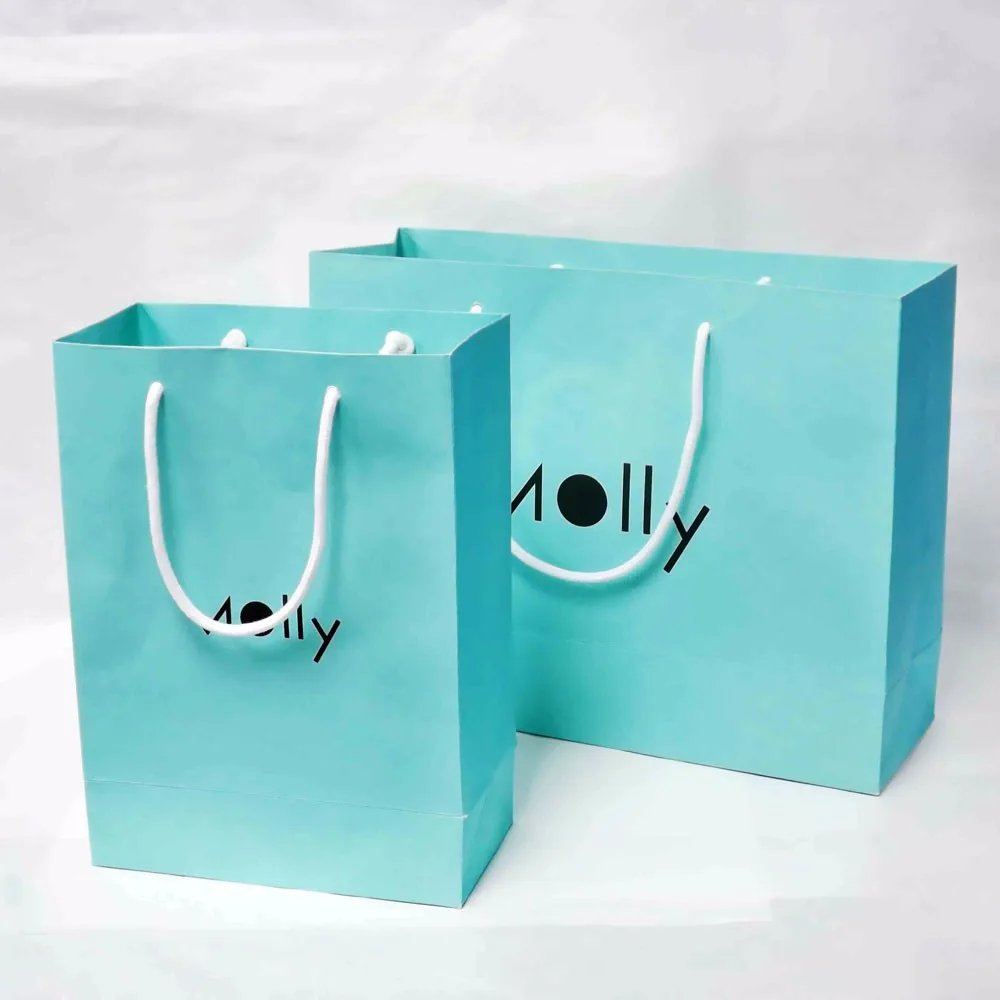 custom blue paper kraft bags with white logo shopping bag