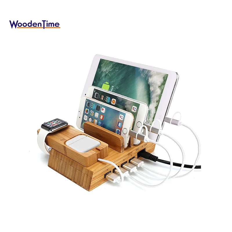Hot Selling Oem Multifunction Wood Desktop Phone Holder Multi Port
