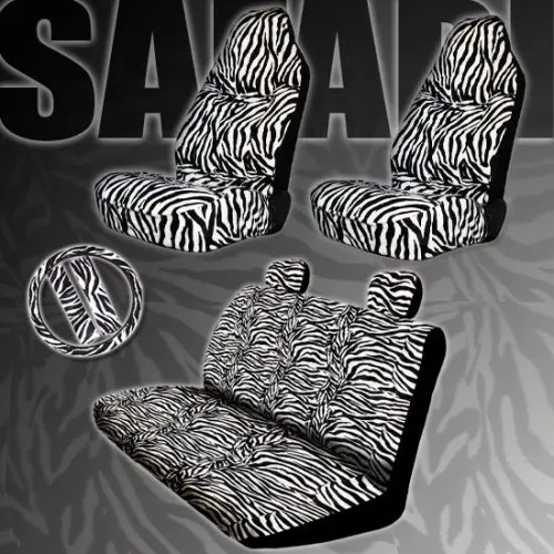 Zebra Print High Back Car Seat Covers and Rear Bench Cover with Head Rest Cover Set