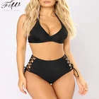 OEM sexy girls solid black halter brazilian bikini swimwear high waist two piece string print girl bikini