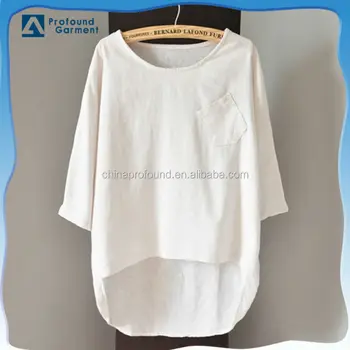Cotton Linen 3/4 Sleeves Pocket Short Front Long Back Short Women T Shirt - Buy Short Front Long 