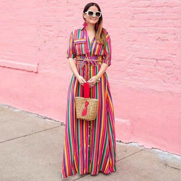 Wholesale Rainbow Printed Button Short Sleeved Maxi Dress Loose Casual Striped Strap Skirt, Colorful
Wholesale Rainbow Printed Button Short Sleeved Maxi Dress Loose Casual Striped Strap Skirt, Colorful