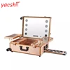 Yaeshii Professional rose gold beauty aluminium rolling trolley makeup train case with 6 LED lights adjustable legs mirror