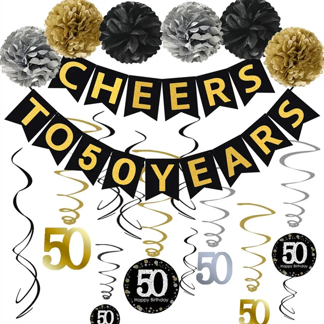 Salud a 50 años Banner brillante celebración 50 colgando remolino oro negro de plata Pom Poms 50th decoraciones de fiesta de cumpleaños