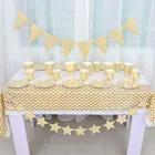 Custom high quality gold striped disposable paper plates, napkins, cups, banners for birthday party parties