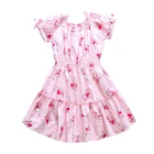 Hot Sale Summer Kids Clothes 2019 Wholesale Retail Printing Flowers Ruffled Elastic Waist Pink Kids Girls Dresses 4-12Years