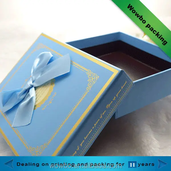2014 elegant blue shallow golden edge paper gift box with ribbon