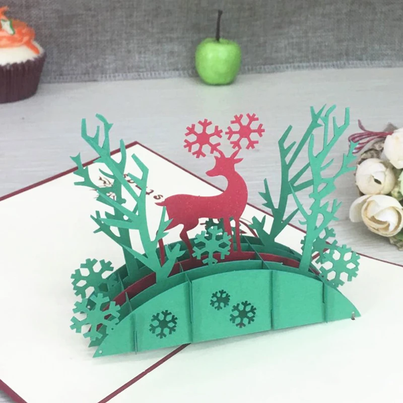 1pcs Christmas Deer Laser Cut 3D Handmade Pop Up Greeting Cards Postcard Kirigami Thanksgiving Day Christmas Birthday Gifts (3)