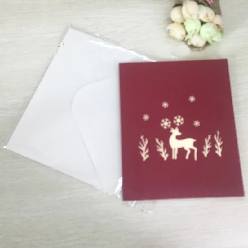 1pcs Christmas Deer Laser Cut 3D Handmade Pop Up Greeting Cards Postcard Kirigami Thanksgiving Day Christmas Birthday Gifts (4)