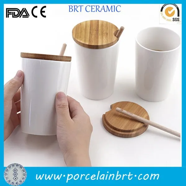 wholesale custom giftware with wood lid white ceramic mug