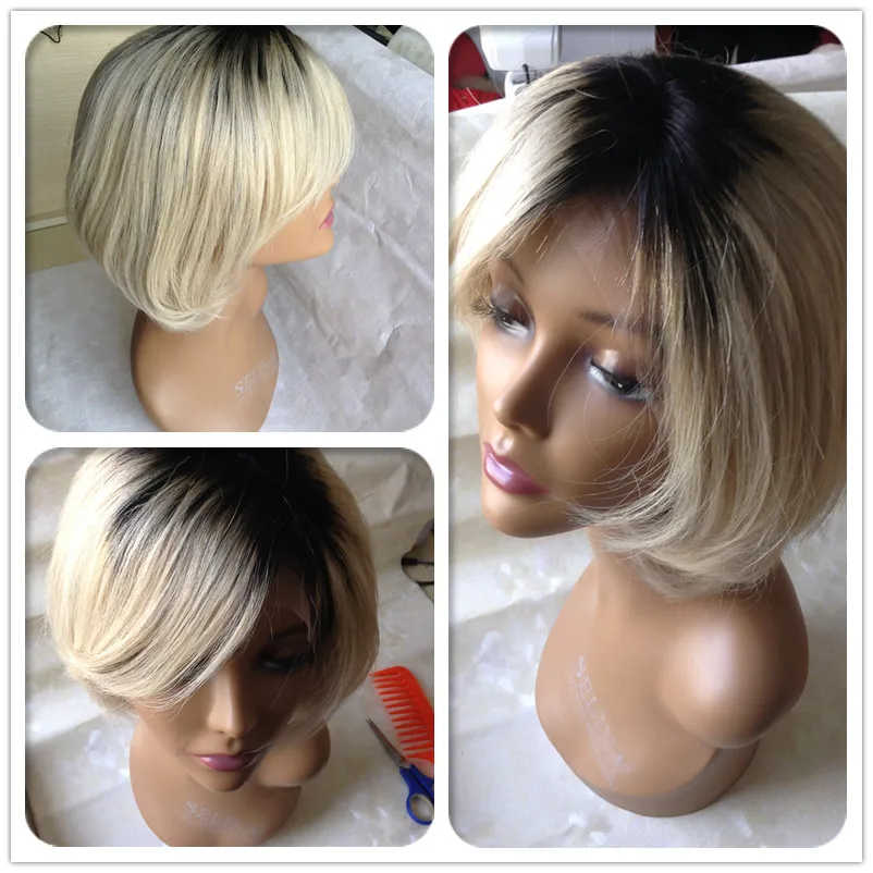 

8-10inch ombre virgin brazilian full lace wigs human hair blond wholesale two tone lace front short bob wigs with bangs, N/a