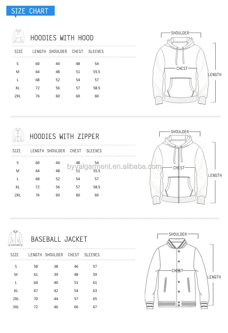 Hoodies size chart from byval