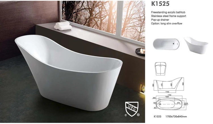 1700mm Modern Luxury White Acrylic Freestanding Bathtub