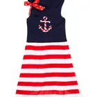 2017 Children Patriotic Clothing Striped Anchor Appliqued Girls Long Dress 4th of July Kids Girl Boutique Outfits