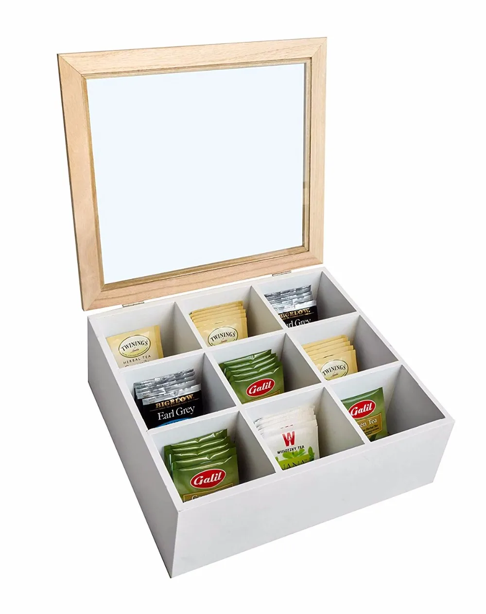custom design 9 compartments white twinings tea wooden gift box