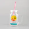 Wholesale custom logo plastic ice cold juice water drink mason jar with straw and handle