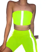 

Women Two Piece Fitness Crop Top And Short Matching Sets Stretchy Neon Reflective Striped Biker Shorts Set Tracksuit
