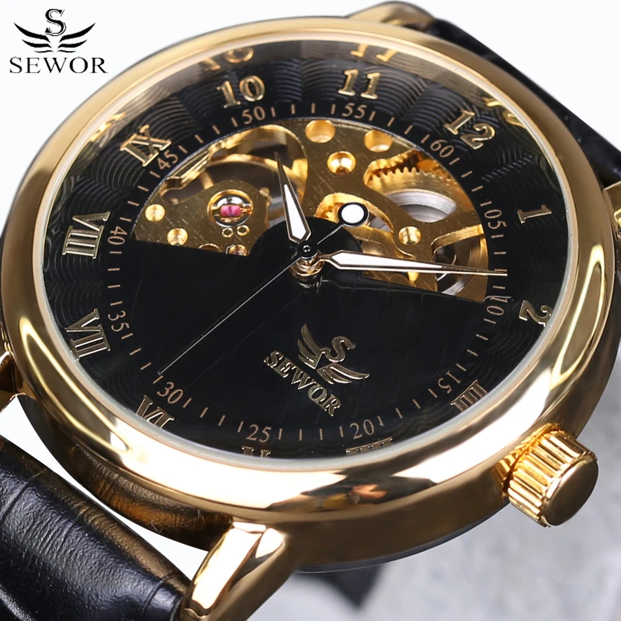 2016 Top Luxury Brand SEWOR Gold Skeleton Wrist Watches Automatic Mechanical Watch leather Strap Men watches vintage male clock