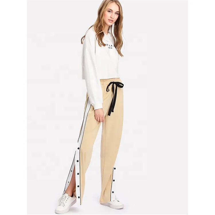 Stripe Patchwork Side Slit Button Sport Pants Elastic Waist Casual Long Pants Autumn Women Pants, Customized colors
Stripe Patchwork Side Slit Button Sport Pants Elastic Waist Casual Long Pants Autumn Women Pants, Customized colors