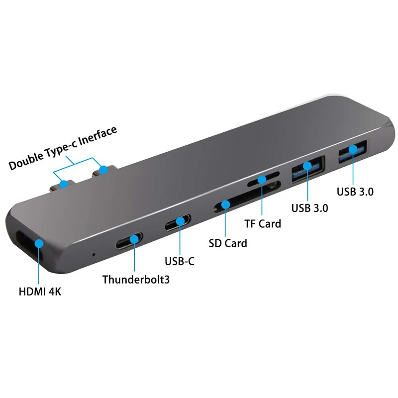 7 in 1 Dual Type C Hub Adapter USB-C hub with HD USB 3.0 Card Reader hub For MacBook Pro Mac, Grey, silver
7 in 1 Dual Type C Hub Adapter USB-C hub with HD USB 3.0 Card Reader hub For MacBook Pro Mac, Grey, silver