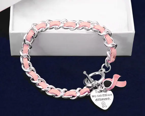 Высокое качество розовый кожаный Эмаль Подвеска для ордена Рак молочной железы осведомленности браслет