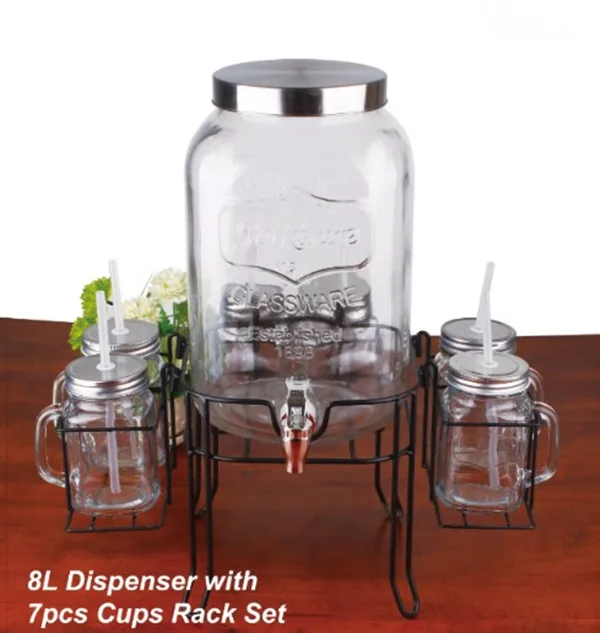 2 gallon glass jar cold water dispenser with mason jars set for