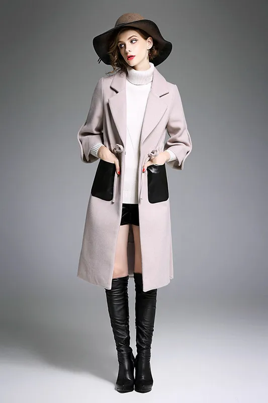 women woolen PU Pocket patchwork coat 15_