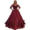 Burgundy Long Prom Gowns V Neckline Applique Satin Plus Size Evening Dresses 2018 with Sleeve