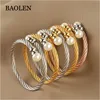 Gold Plated Titanium Stainless Steel Pearl Cuff Cable Measuring Tape Wholesale Bangle Bracelet Men Women
