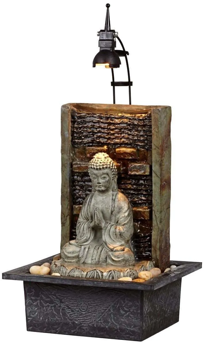 resin meditating buddha on column patio fountain with led light