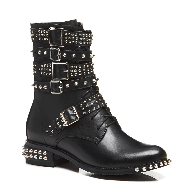 WETKISS Trendy Solid Black Ankle Boots Lace Up Square Heel Genuine Leather Motorcycle Boots Women Buckle Strap Punk Boots Rivets
WETKISS Trendy Solid Black Ankle Boots Lace Up Square Heel Genuine Leather Motorcycle Boots Women Buckle Strap Punk Boots Rivets