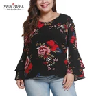 Wholesale Women Floral Print Bell Sleeve Plus Size Tops