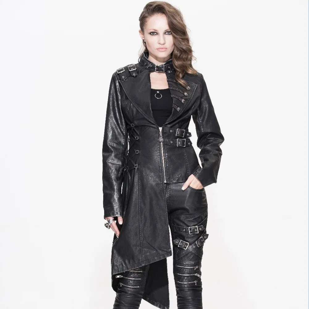 Serin punk ve kaya asimetrik ceket kadınlar gotik deri uzun palto