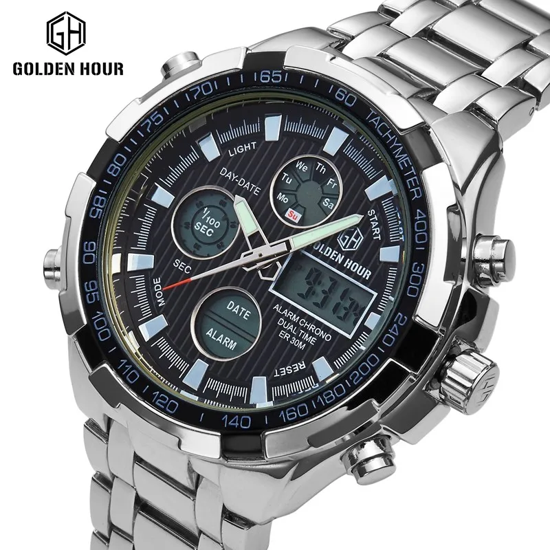 GOLDEN HOUR LED Digital Men Sports Watches Analog Military Quartz Wristwatch Stainless Steel Back Light Multifunction Watch Mens
GOLDEN HOUR LED Digital Men Sports Watches Analog Military Quartz Wristwatch Stainless Steel Back Light Multifunction Watch Mens