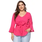 Bowknot decorated cute rose chiffon long sleeve plus size tops for women with flare cuffs