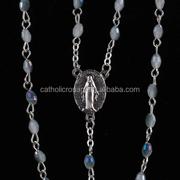 christian oval shape faceted gray color glass crystal rosary