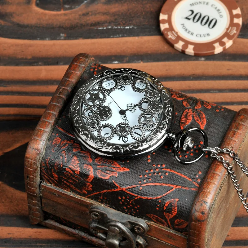 Peças da engrenagem de peças de bronze relógio de bolso antigo mecânico grande antigo em relevo relógio de bolso com colar 8134