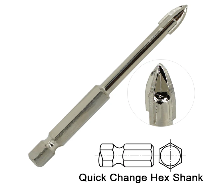 Nickel Plated Hex Shank Cross Carbide Tip Glass Drill Bit for Glass Ceramic Porcelain Tile Drilling